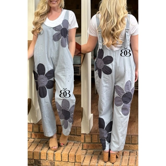 Oli & Hali Blue Daisy Flower Patchwork Relaxed Fit Overall Jumpsuit - Picture 6 of 6
